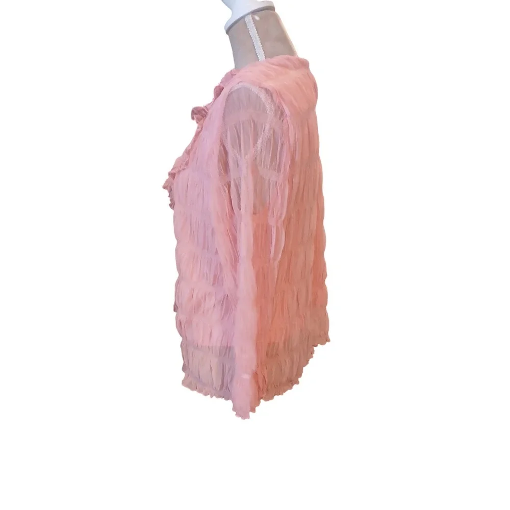 Massini Pink Ruffled V-Neck Blouse Mesh Pleated Top Large Fairy Feminine Stretch - Picture 4 of 9